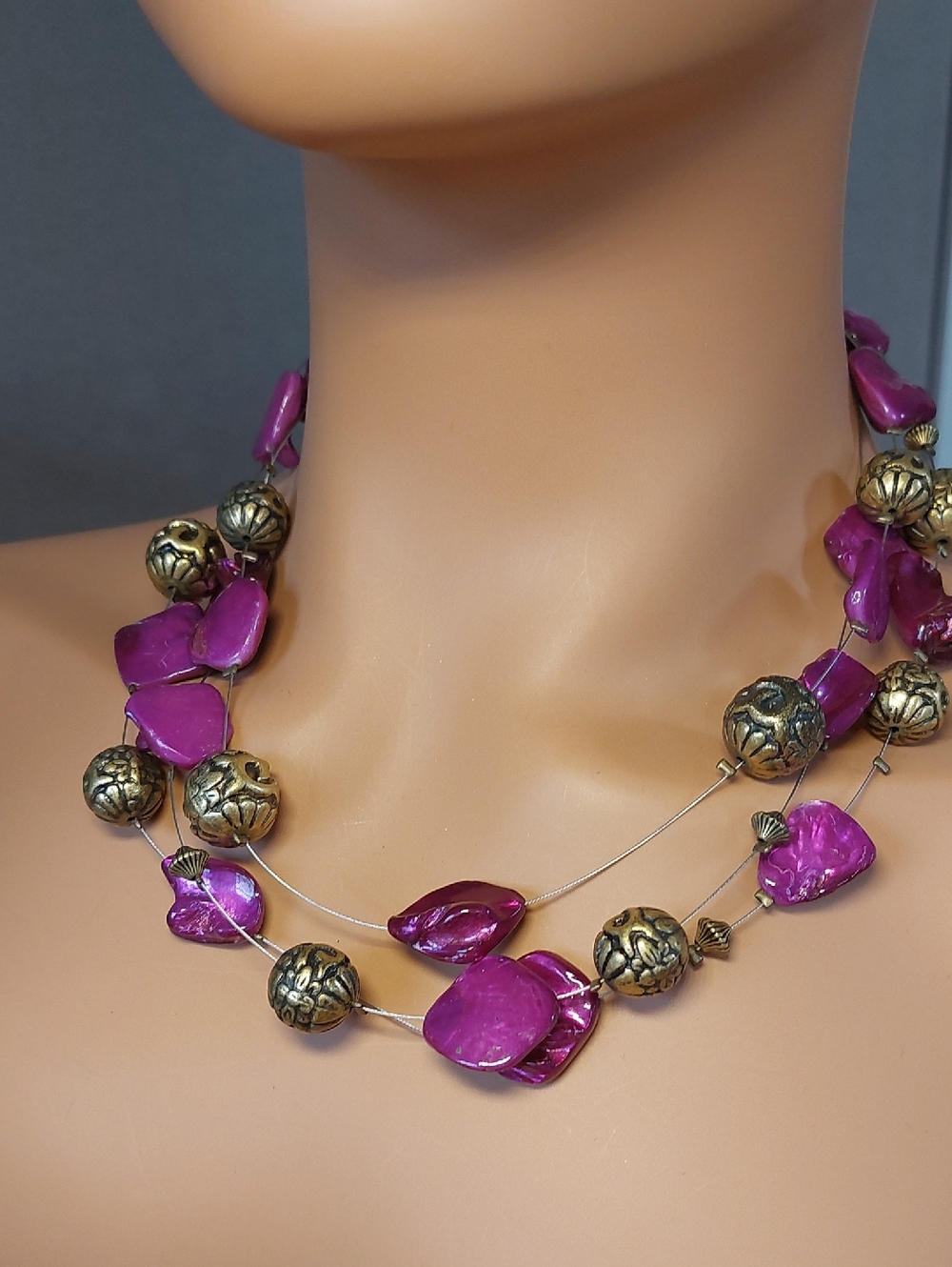 💜5/$25 Purple Dyed Shell Antiqued Brass Bead Triple Strand Necklace